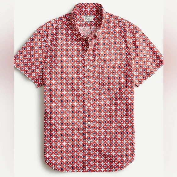 J Crew Mens Small Red Tile Print Classic Fit Button‎ Up Shirt Organic Cotton