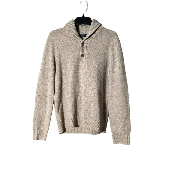 J. Crew Mens Medium Long Sleeve Shawl Collared Beige Lambswool Sweater #OP7-3‎