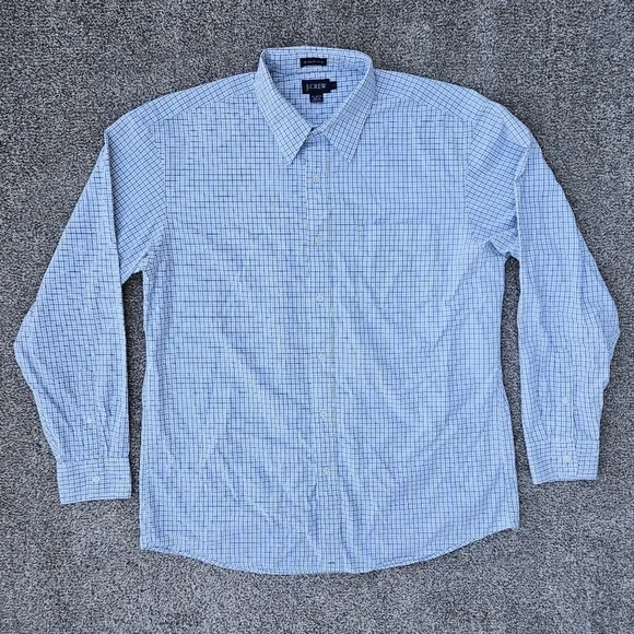 J Crew 80s 2 Ply Cotton LS Button Down Blue White Plaid Shirt Mens Large 16-16.5