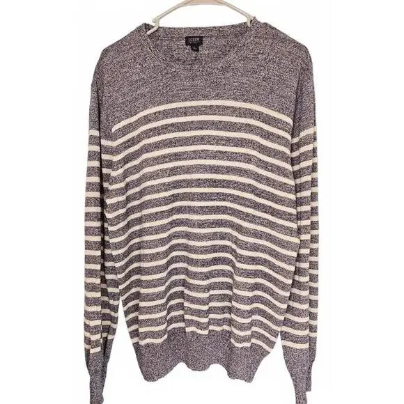 J.Crew Men's Blue and White Striped Crew Neck‎ Sweater Large
