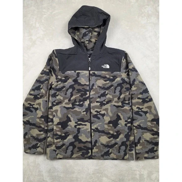 The North Face Fleece Hoodie Kids XL Green Camo Full Zip Camouflage Jacket *Read