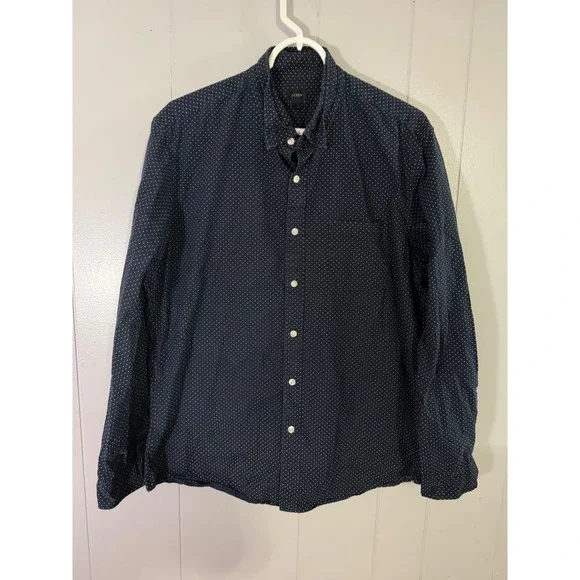 J. Crew Button Down Shirt Mens L Navy Blue‎ Polka Dot Long Sleeve 02688 HO 13