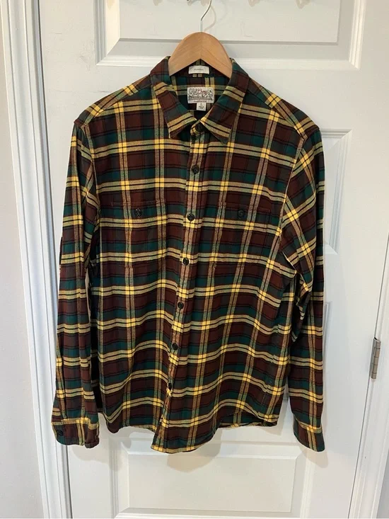 J.Crew Mid Weight Flannel Regenerative Cotton Brown Plaid Shirt Mens Size Large‎