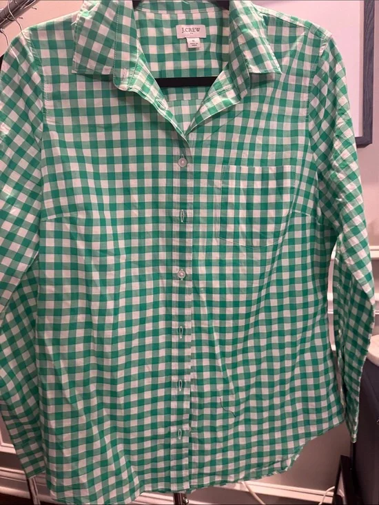 J. Crew Green and White Gingham Button-Down Shirt