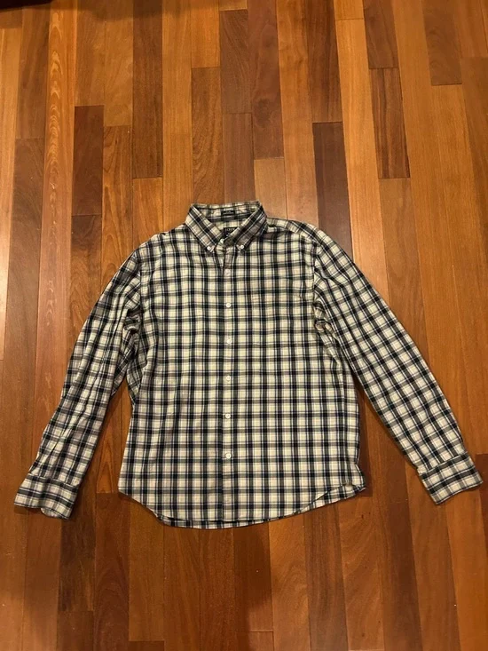 J. Crew Navy and White Plaid Button-Down Shirt Slim Fit Size L