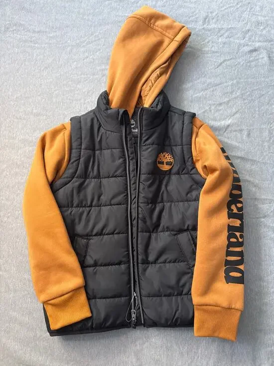 Timberland Layered Hoodie Vest Kids 7/8 Youth M Black Tan Orange Fall Winter
