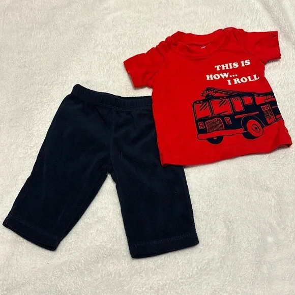 3 month carters baby outfit with fire truck “this is how I roll”. Red and blue