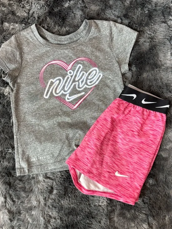 Nike Gray Tee with Pink Heart Logo & Hot Pink Athletic Shorts