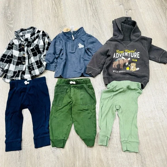 Carter's Okie Dokie Baby Boy 6 Piece Outfit Bundle‎ Plaid Hoodie Pants 9M