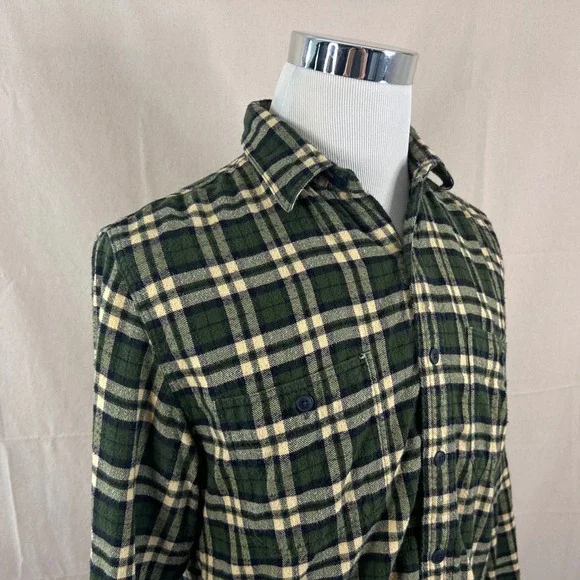 J. Crew Medium Vintage  Flannel Work Shirt Green Yellow Plaid 100% Cotton Mens