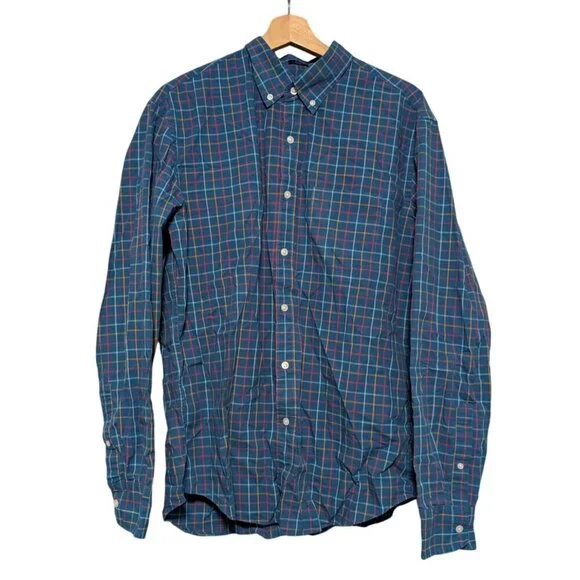 J Crew Flex Washed Slim Fit Blue Multicolor Plaid Check Button Shirt Mens Size L
