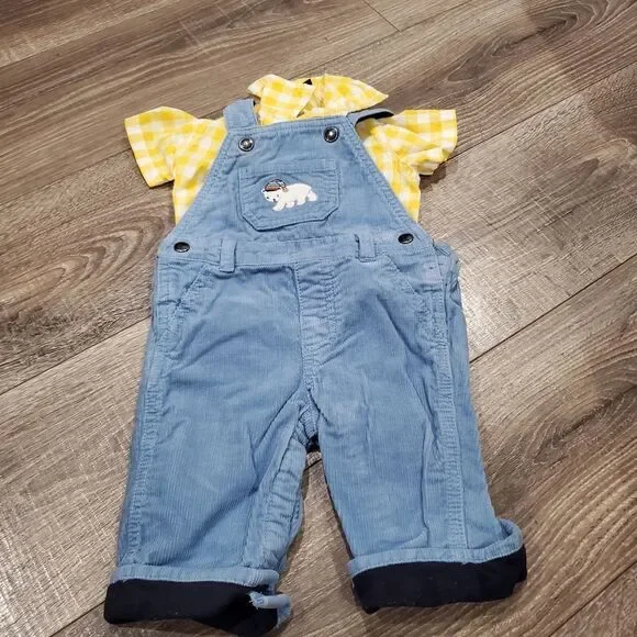 Baby Outfit Size 3-6 months Blue Overalls with Yellow Checkered Shirt 2 Pieces