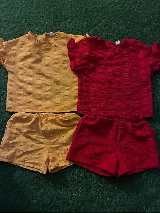 Children's Two-Piece Sets - Yellow & Red Textured Shorts and Top Sets