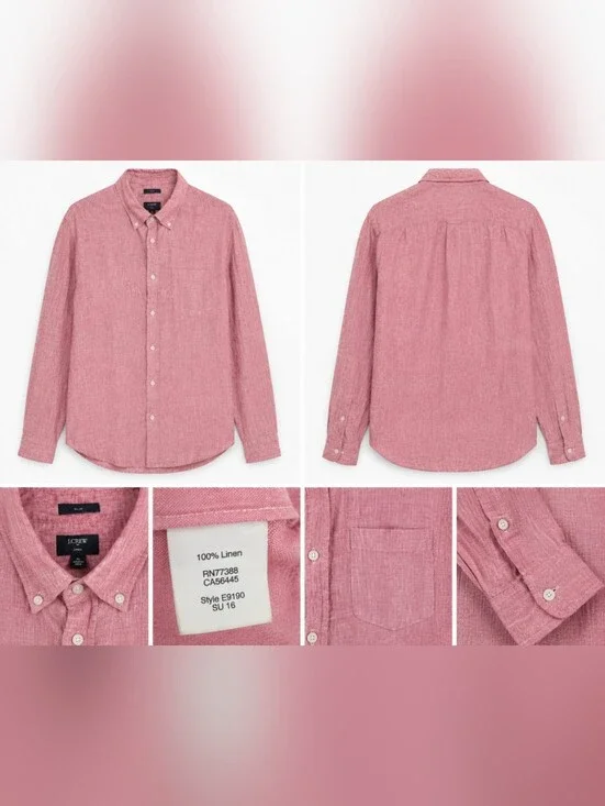 J.Crew 100% Linen Button Front Shirt Men's XL Pink Slim Fit Long Sleeve.