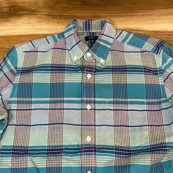 J Crew Summer Plaid Button Down Shirt Mens Small Blue‎ Teal Cotton