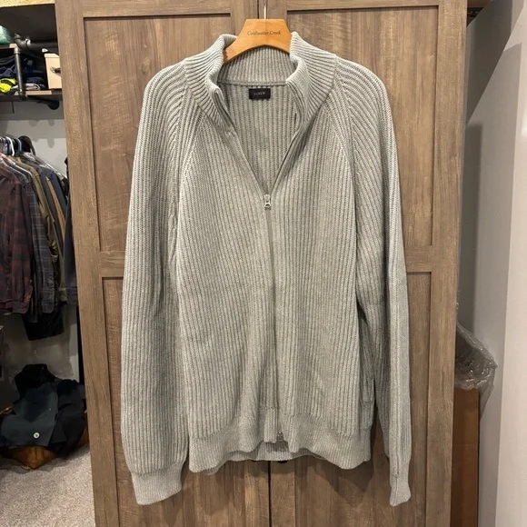 J Crew Men’s XL Cardigan Gray Full Zip Sweater Pockets Mock Neck Cotton
