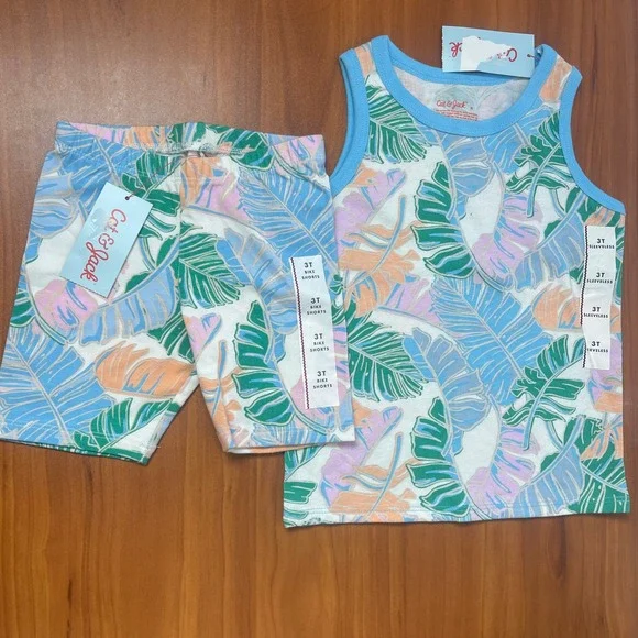 Cat & Jack Girls 3T Tropical Palm Leaf Tank Top and Bike Shorts Set NWT