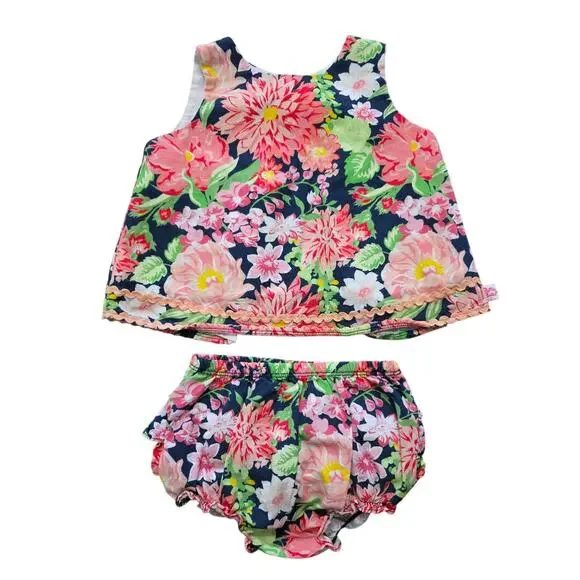 RuffleButts Sunset Garden Swing Top w/ Matching Bloomers Floral Size 6-12 Month