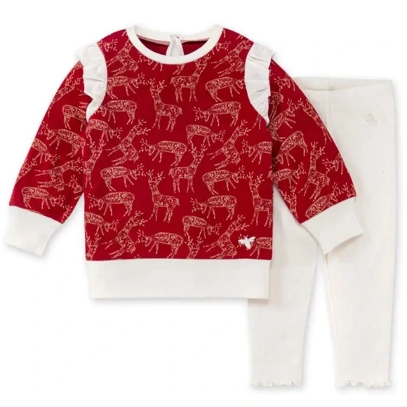 Burts Bees Baby 2PC Reindeer Ruffled Sweated with Ribbed pants - NWT Size 6-9