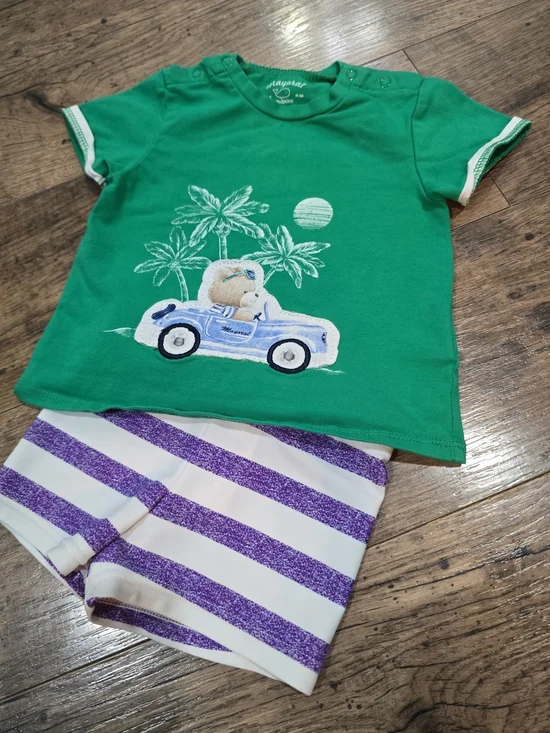 Mayoral Green Tee with Blue Car Bear and Blue-Striped Shorts 6/9 Months