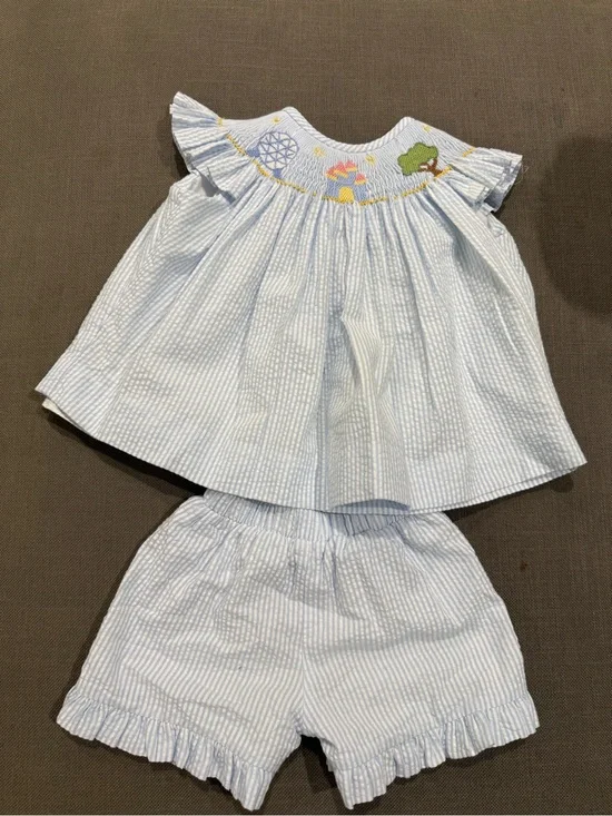 Light Blue Smocked Seersucker Kids Matching Set