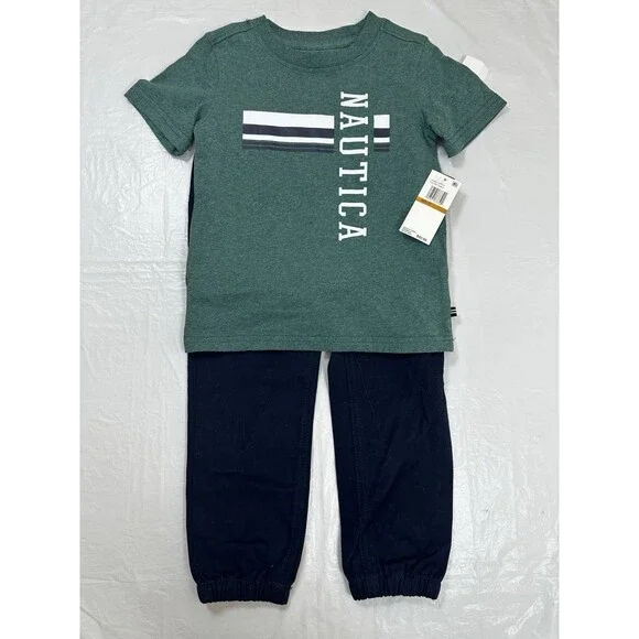 Nautica Boys T Shirt Jogger Pants Set 3T Navy Blue Khaki NWT Graphic Logo