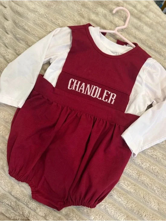 Personalized Burgundy Romper with White Sleeves - 'CHANDLER'