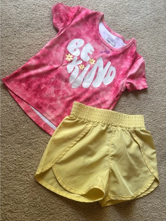 Girls 2-Piece Summer Outfit | Pink Tee + Yellow Athletic Shorts | Size 2T