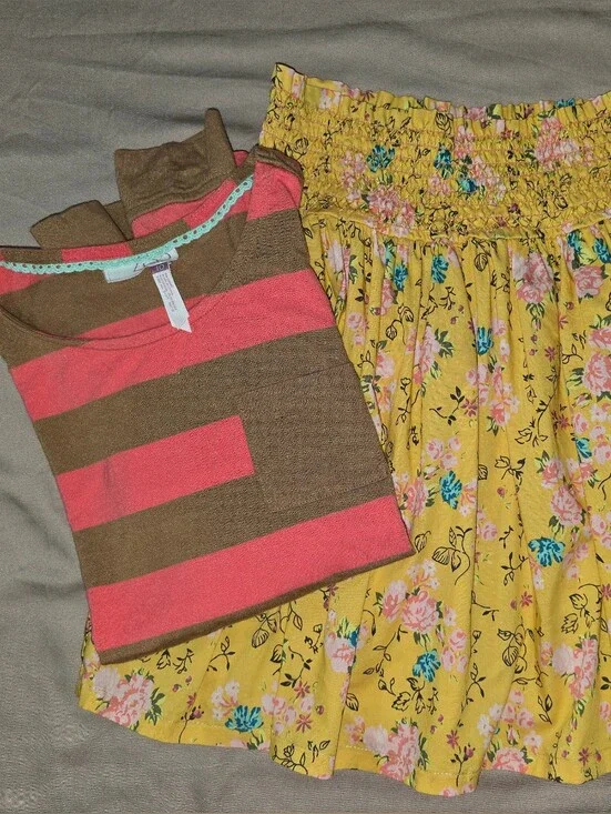 MATILDA JANE 435 Striped Coral & Brown Top with Yellow Floral Skirt SZ 10
