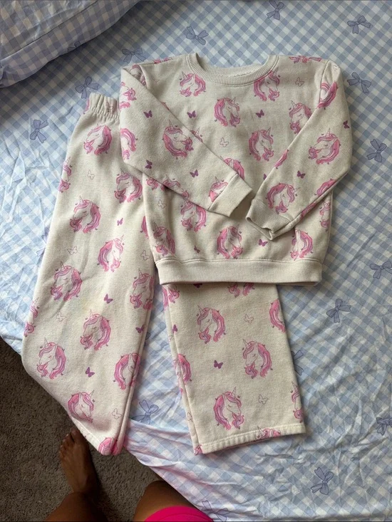 Kids Unicorn Print Pink Cream Pajama Set