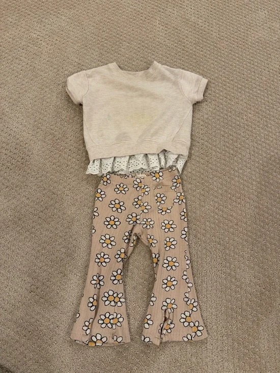 Jessica Simpson Cream Eyelet Top & Beige Floral Bell-Bottoms Kids Set