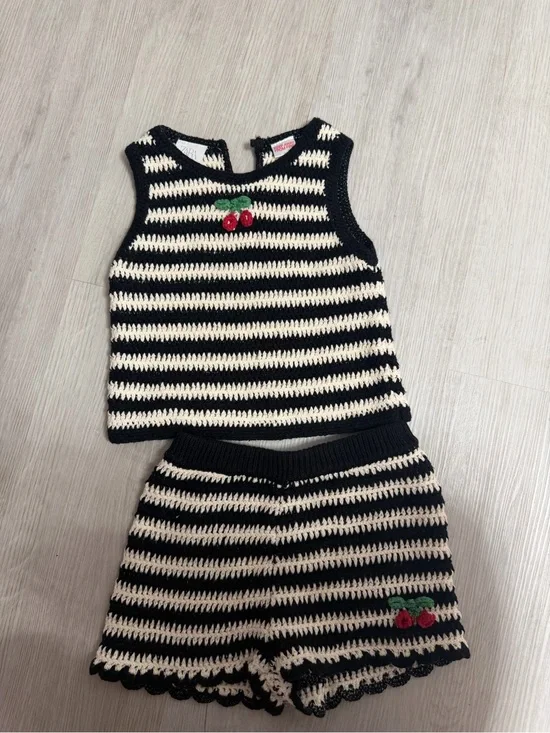 Zara Black and Cream Striped Knit Kids Matching Set with Cherry Detail