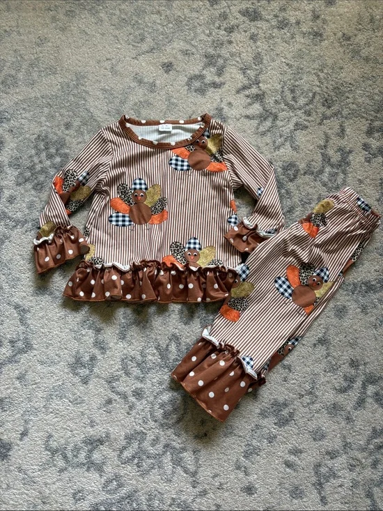Girls Brown Turkey Print Ruffle Outfit