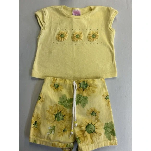 Vintage Daisy / Sunflower Floral Print 2 Pc Set By Coco Pop Size Child 4T USA