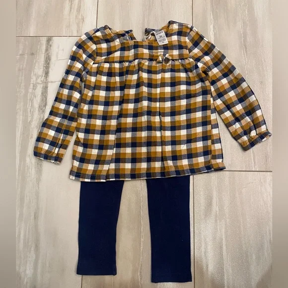 Carter’s Mustard Yellow and White Checkered Top and Navy Leggings Set, girls 2T