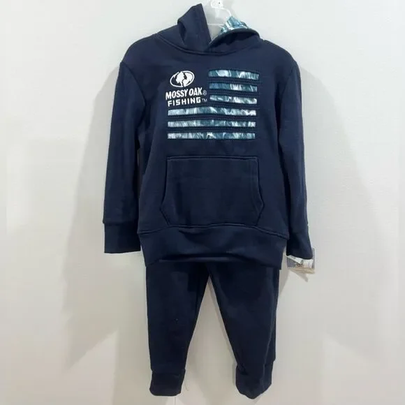 Boys Mossy Oak fishing American water flag branded logo sweatsuit set size 4 NWT