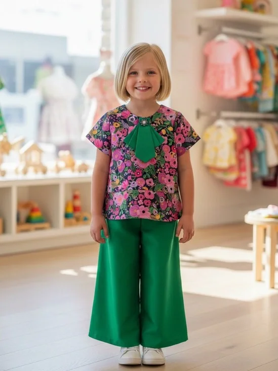 Mama luma girls boutique Green Floral Peplum Top with Matching Wide-Leg Pants