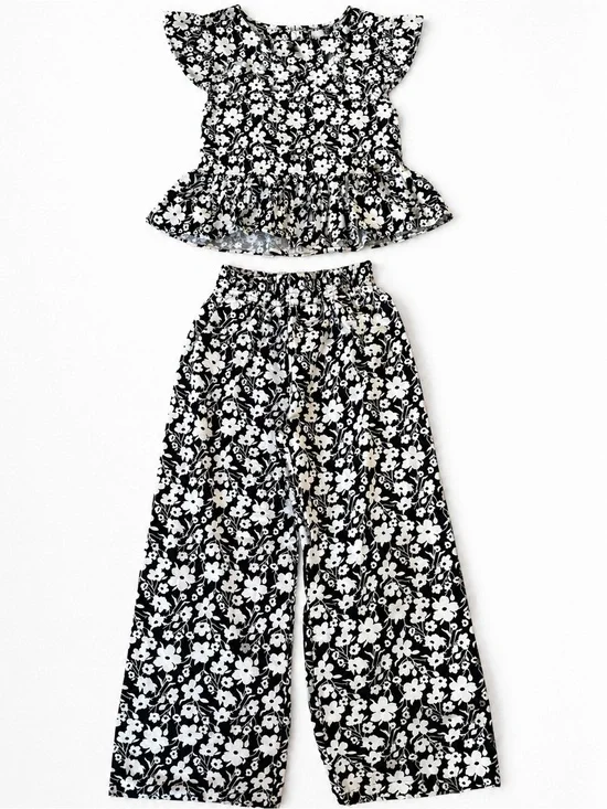 Girls Size 10- Black & White Floral Wide-Leg Pants Set