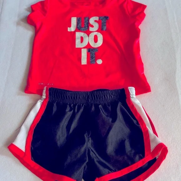 Nike Neon 2 piece Pink 'Just Do It' Tee & Black Shorts Set Sz 12 months Dri fit