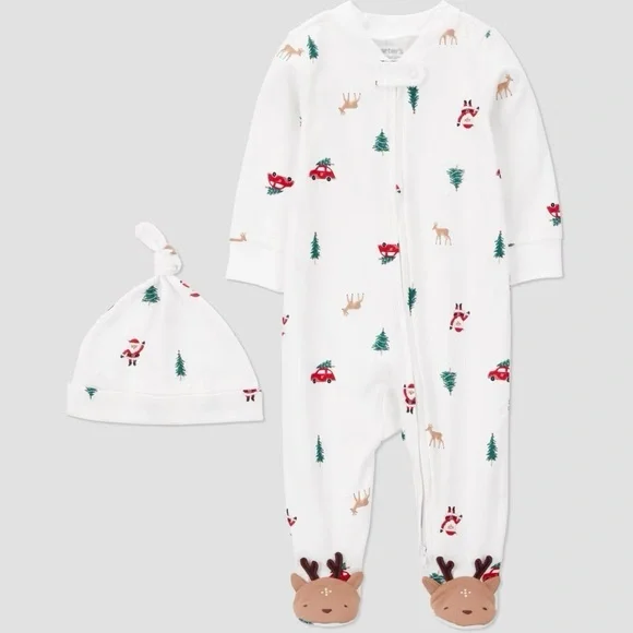 Carter's nwt Baby Christmas Village Sleep N' Play with Hat - Off-White