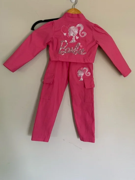 Girls Barbie Sequin Pink Cropped Button-Up Jacket & Cargo Pants Matching Set 6