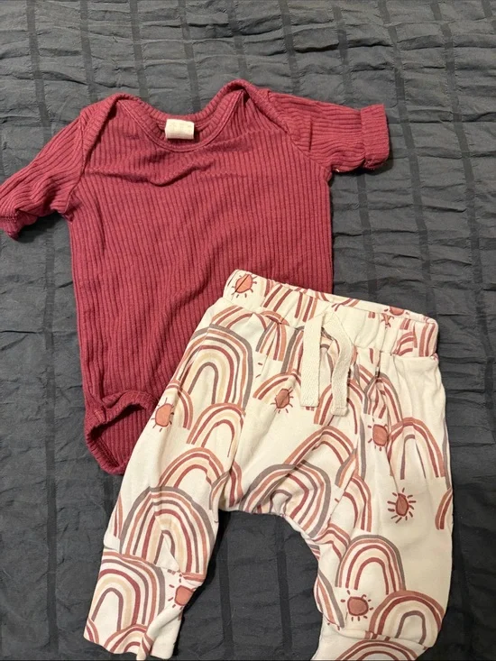 kate quinn Burgundy Ribbed Onesie with Cream Rainbow Print Pants