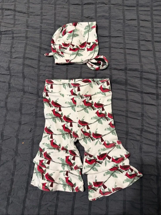 kate quinn Cream Red and Green Cardinal Print Ruffle Pants & Hat Set