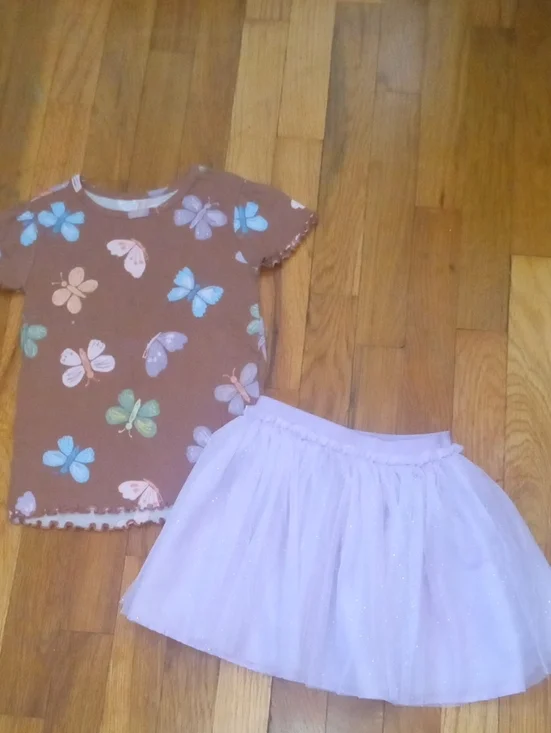 Butterfly Print Brown Tee & Light Purple Tulle Skirt Set girl 5