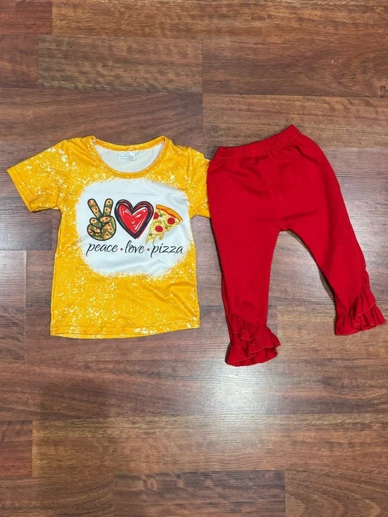 Peace Love Pizza Yellow Tee & Red Ruffle Pants Set
