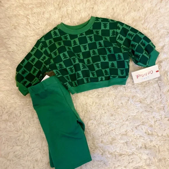Cat & Jack Baby Green Tree Checkered Long Sleeve Sweatshirt Pants Outfit NB‎