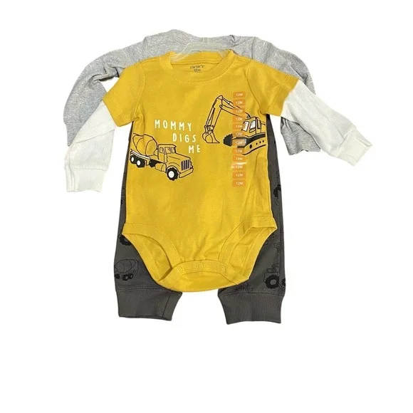Carter's NWT 12 Month‎ Boys 3 Piece Set Construction Yellow Cute Guy Long Sleeve