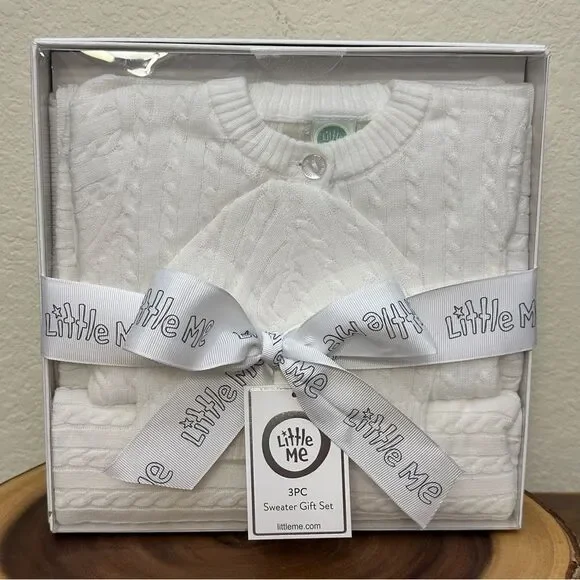 Nwt- Little Me White Cable Knit 3PC Sweater Gift Set Size 3 Months