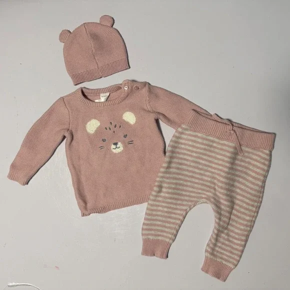 Carters Just One You Pink Knit‎ Bear Sweater Striped Pants Hat 3pc Set 6m
