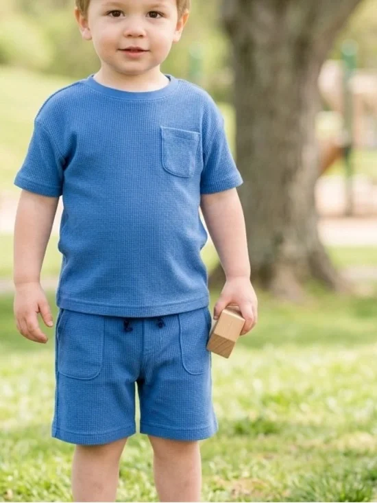 Cat & Jack 2 Pieces - Blue Ribbed Knit Tee  & Shorts Easy on/off - 5T Boys New
